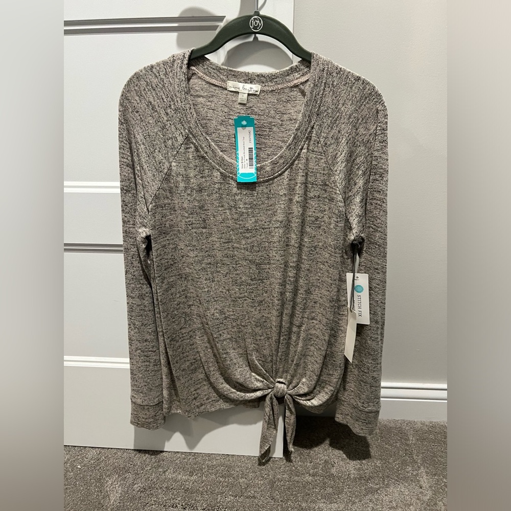 Nine Britton, Billie Tie Front Brushed Knit Top, size M, Taupe, NWT